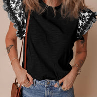 Black Floral Patchwork Flutter Sleeve Blouse
