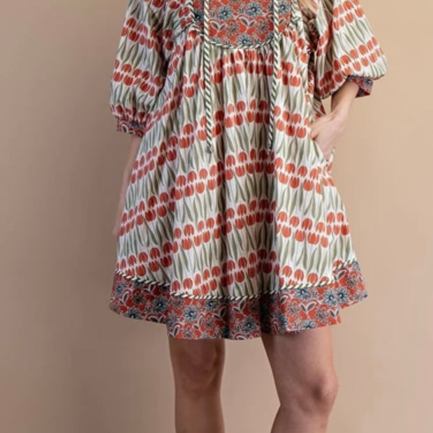 Contrasting Fabrics Mini Dress with Tie Neck Strings