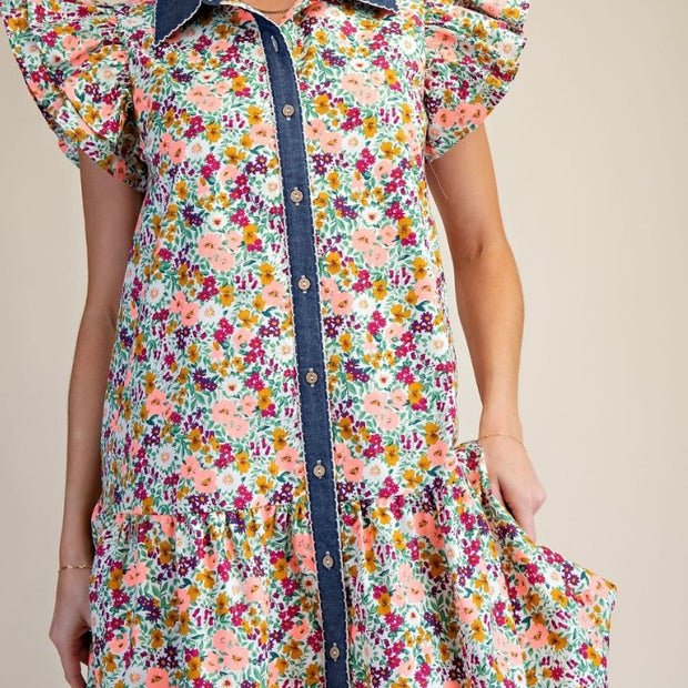 Denim Darling Floral Ruffle Dress