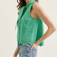 Sleeveless Tie Neck Eyelet Top