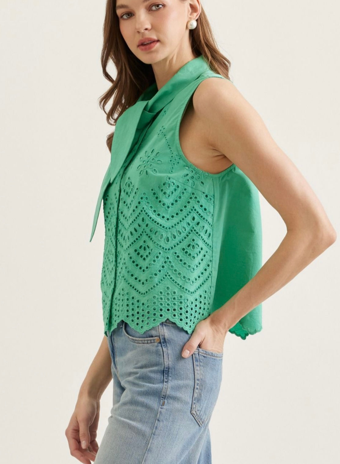 Sleeveless Tie Neck Eyelet Top
