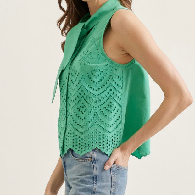Sleeveless Tie Neck Eyelet Top