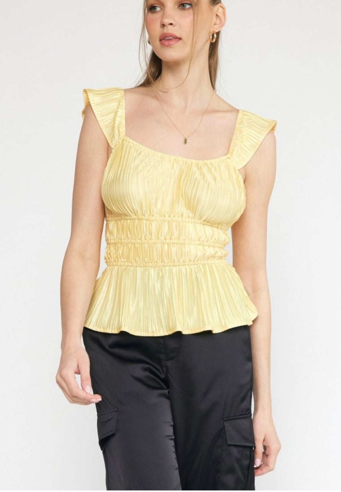 Satin Pleated Ruffle Strap Top