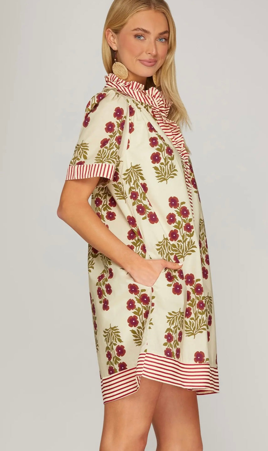 Vintage Bloom Striped Trim Dress