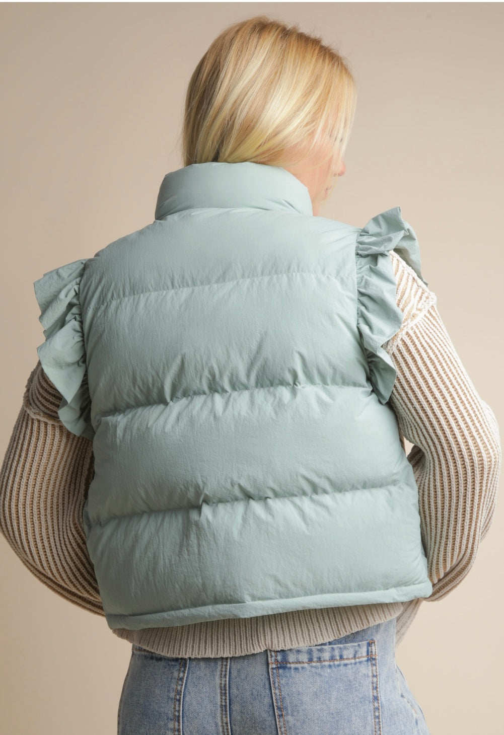 Sage Front Bow Ruffle Sleeve Puffer Vest