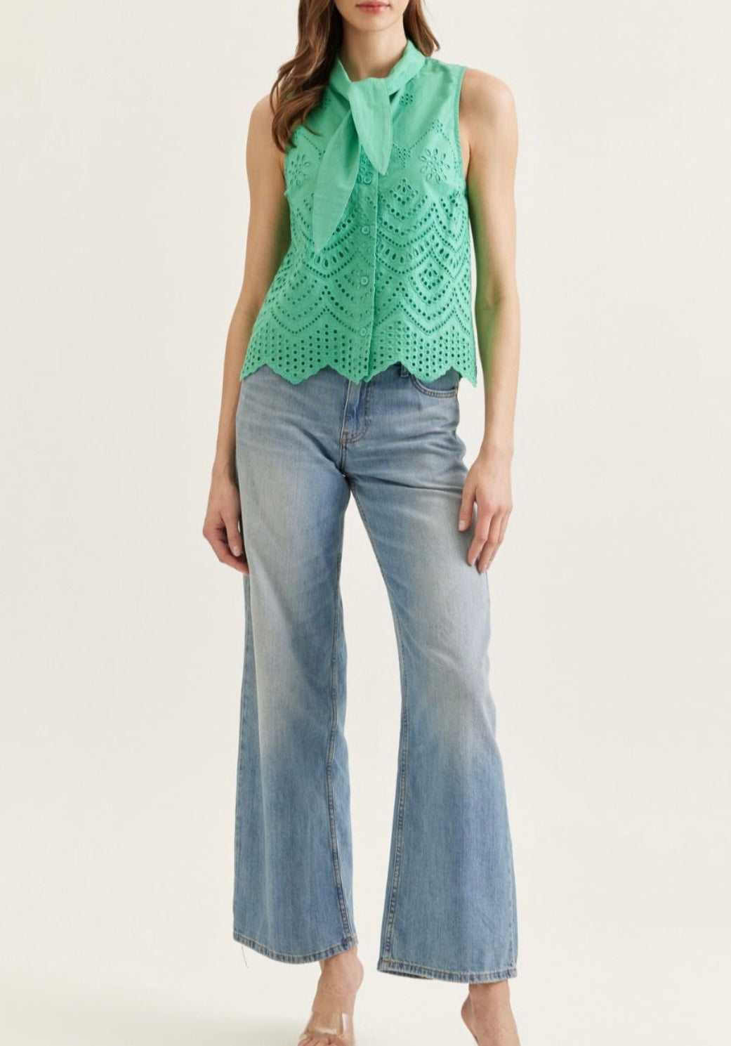 Sleeveless Tie Neck Eyelet Top