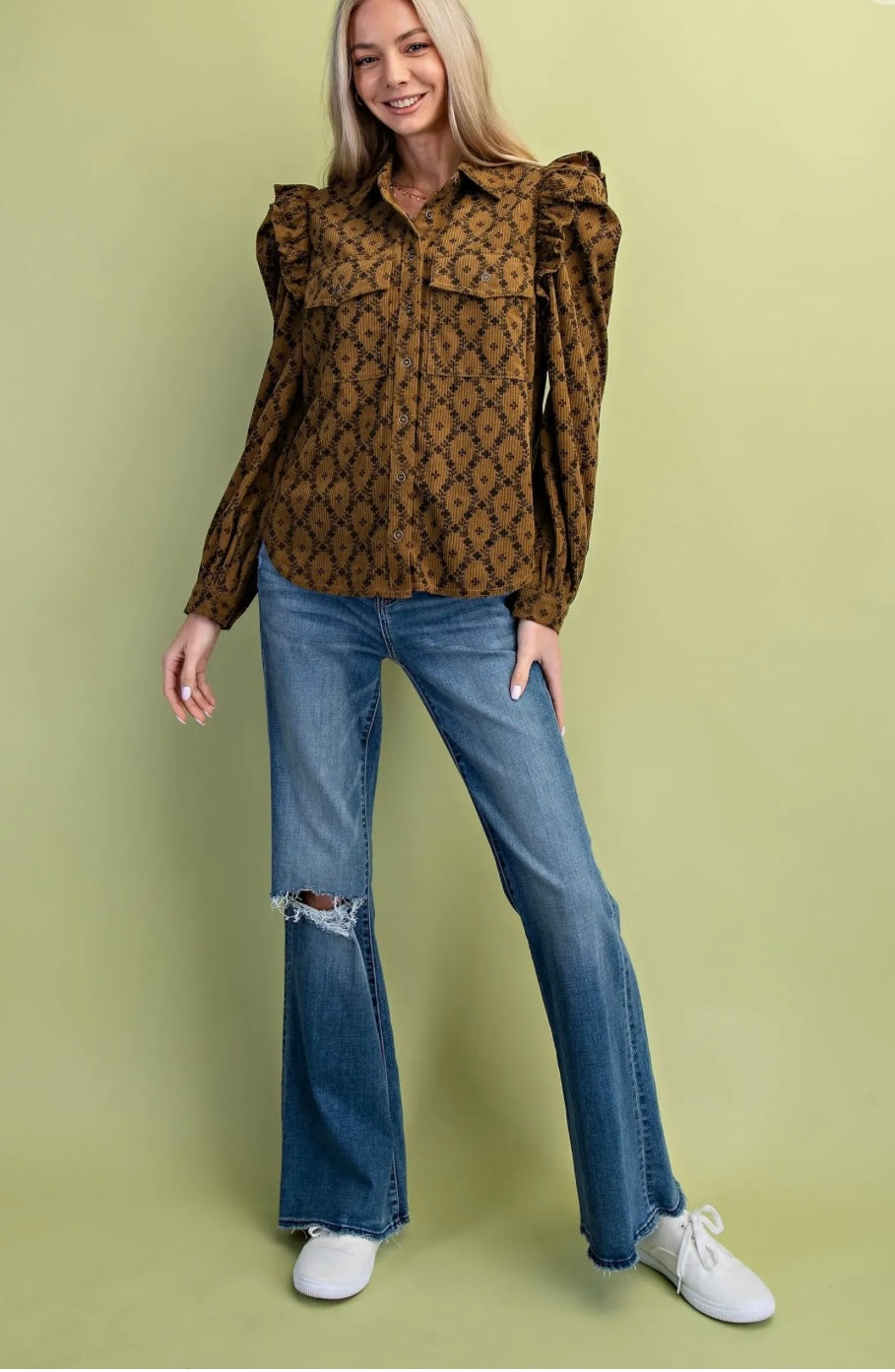 Autumn Ember Ruffle Corduroy Button Down