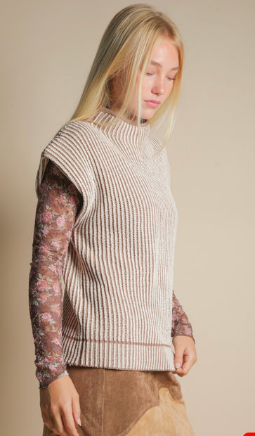 Two Toned Ribbed Knit Sweater Vest