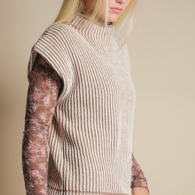 Two Toned Ribbed Knit Sweater Vest