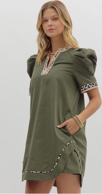 Olive Leopard Trim Dress by Entro