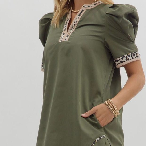Olive Leopard Trim Dress by Entro