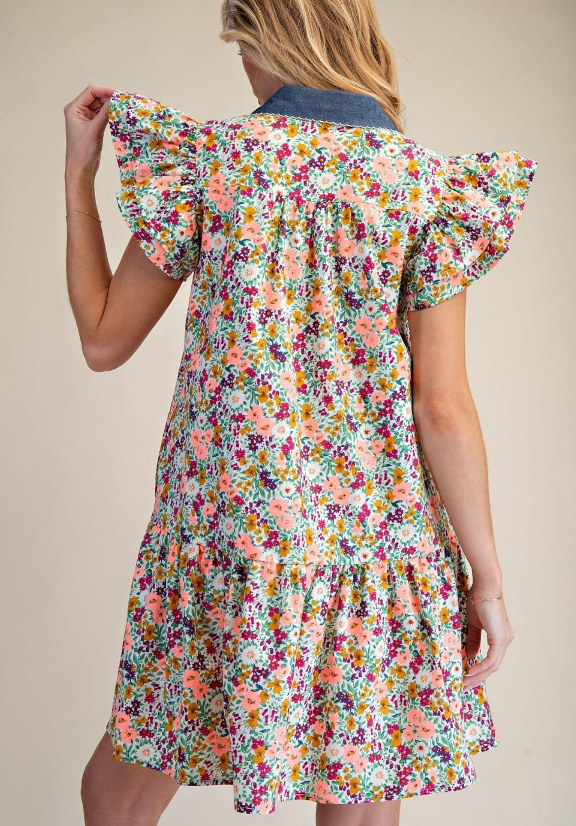 Denim Darling Floral Ruffle Dress