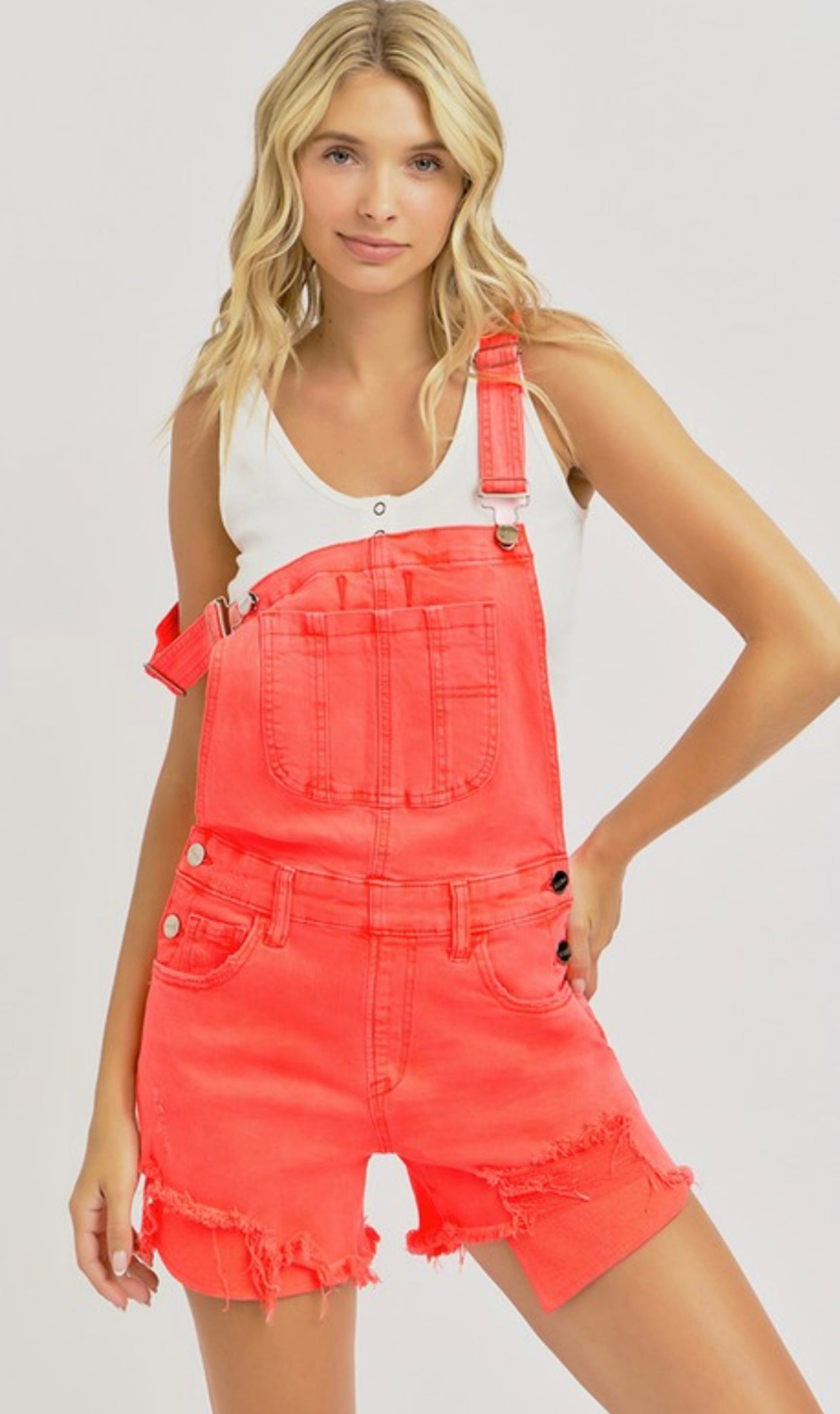 Risen Sunset Pop Distressed Overall Shorts