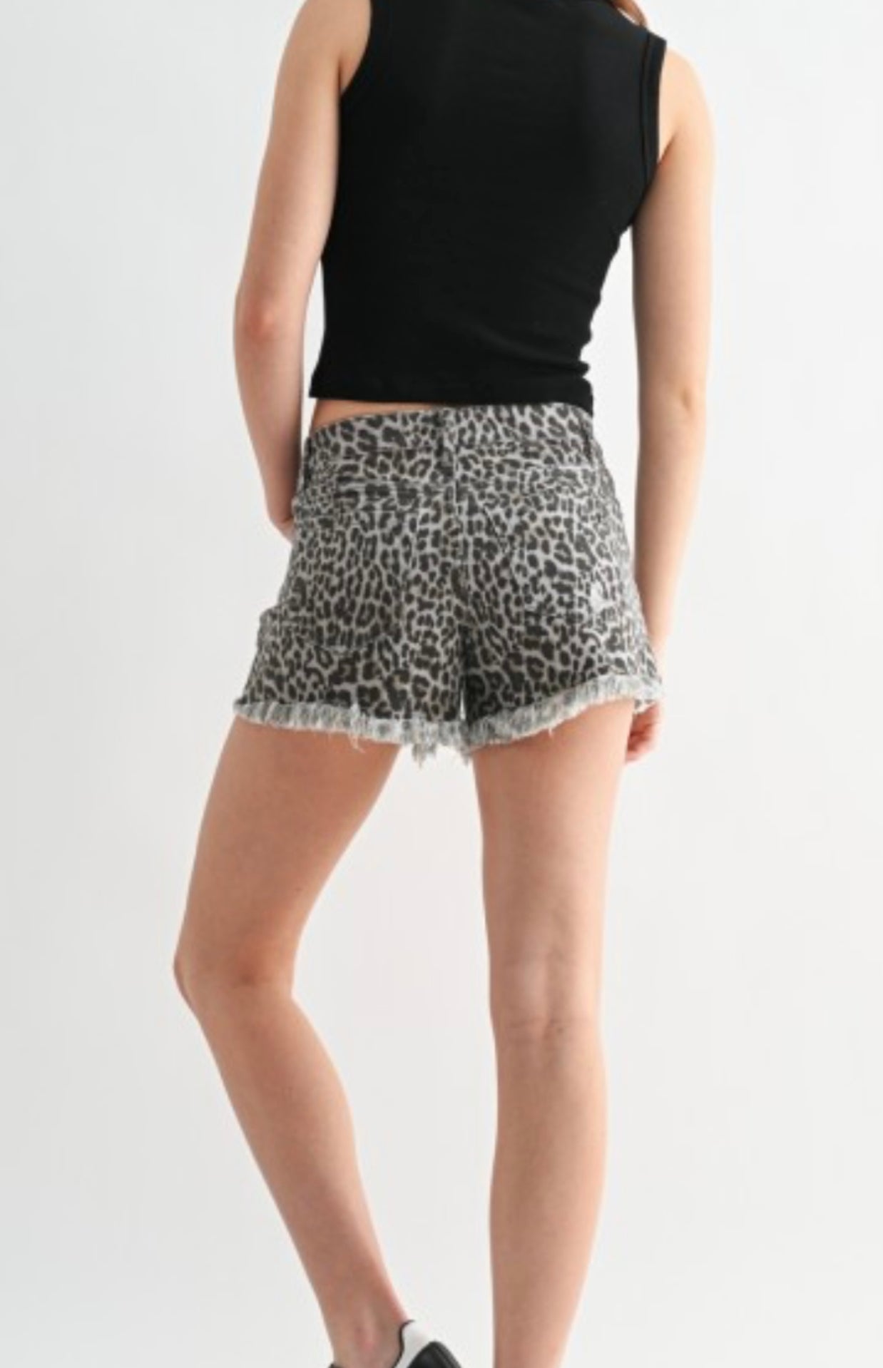 Wild Side Leopard Raw Hem Shorts by Mica Denim