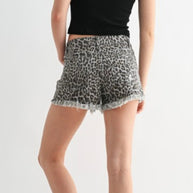 Wild Side Leopard Raw Hem Shorts by Mica Denim