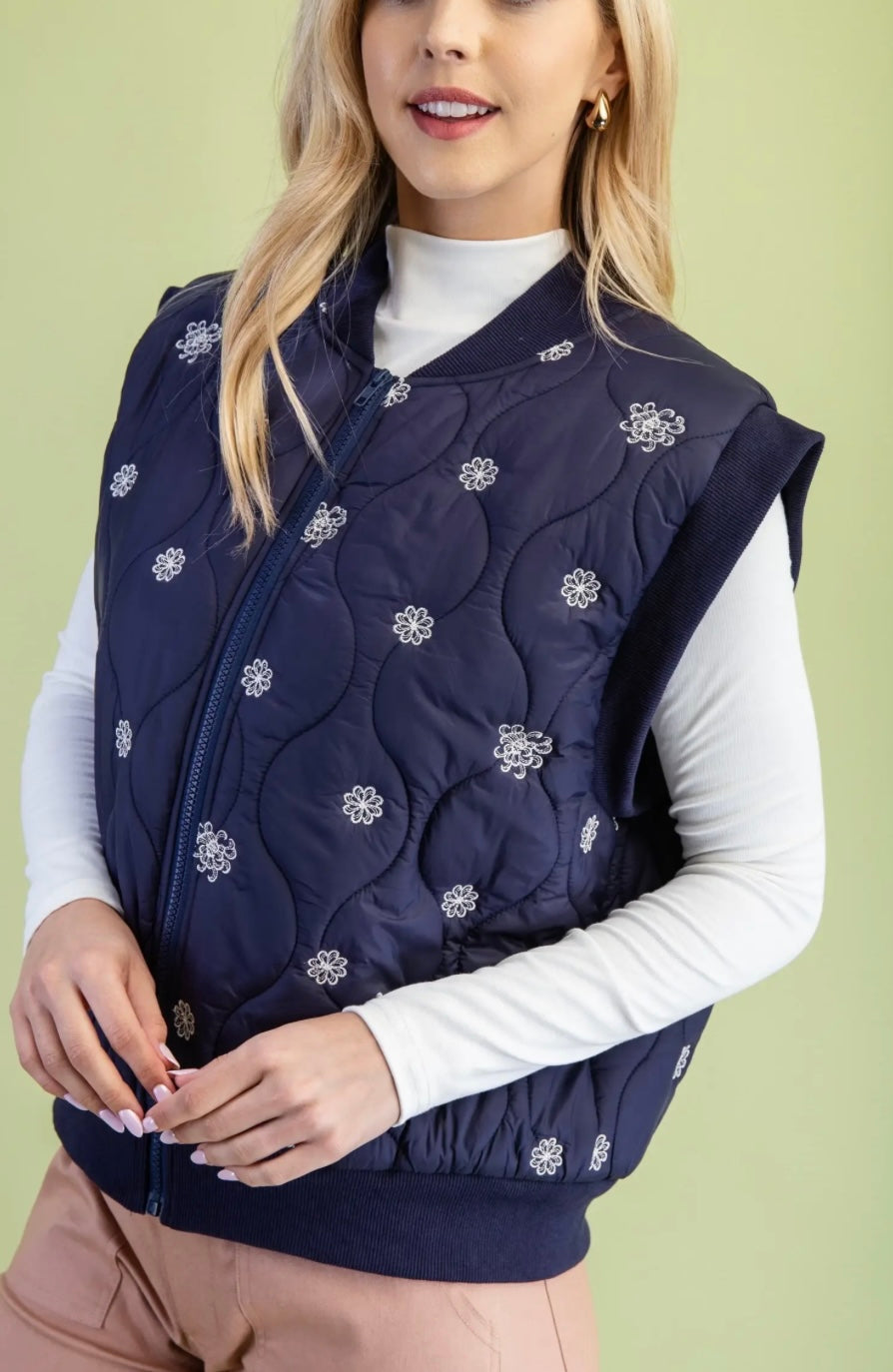 Flower Stitch Navy Quilted Vest