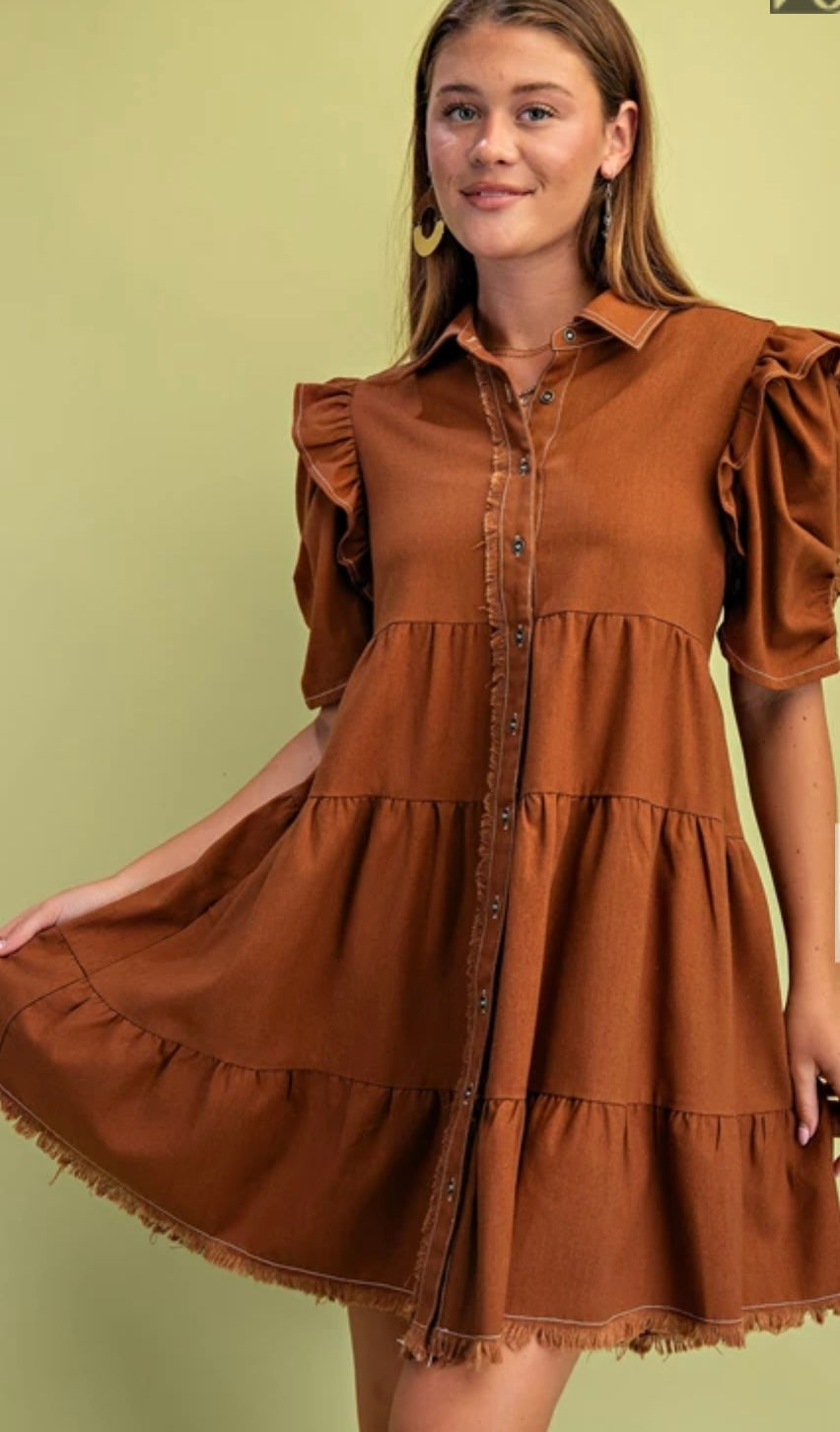 Tiered Button Down Dress With Puffed Sleeves and Raw Hem