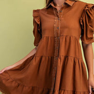 Tiered Button Down Dress With Puffed Sleeves and Raw Hem