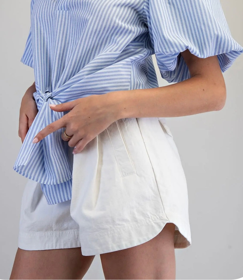 White Pleated Cuffed Shorts