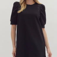 Entro Black Mini Dress with Accented Puff Sleeves