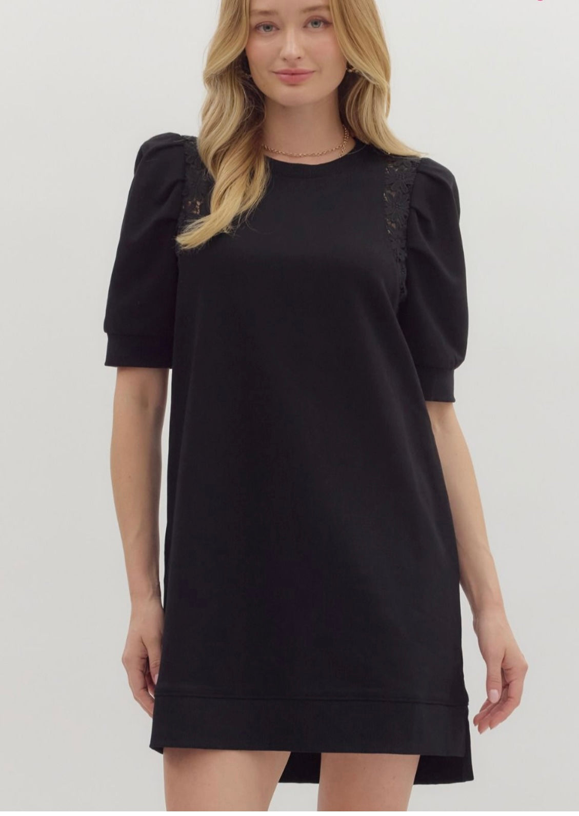 Entro Black Mini Dress with Accented Puff Sleeves