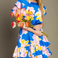 Royal Mix Satin Floral Ruffle Tier Dress