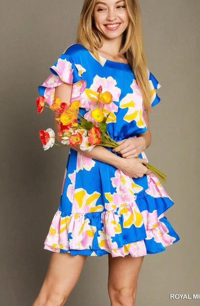 Royal Mix Satin Floral Ruffle Tier Dress