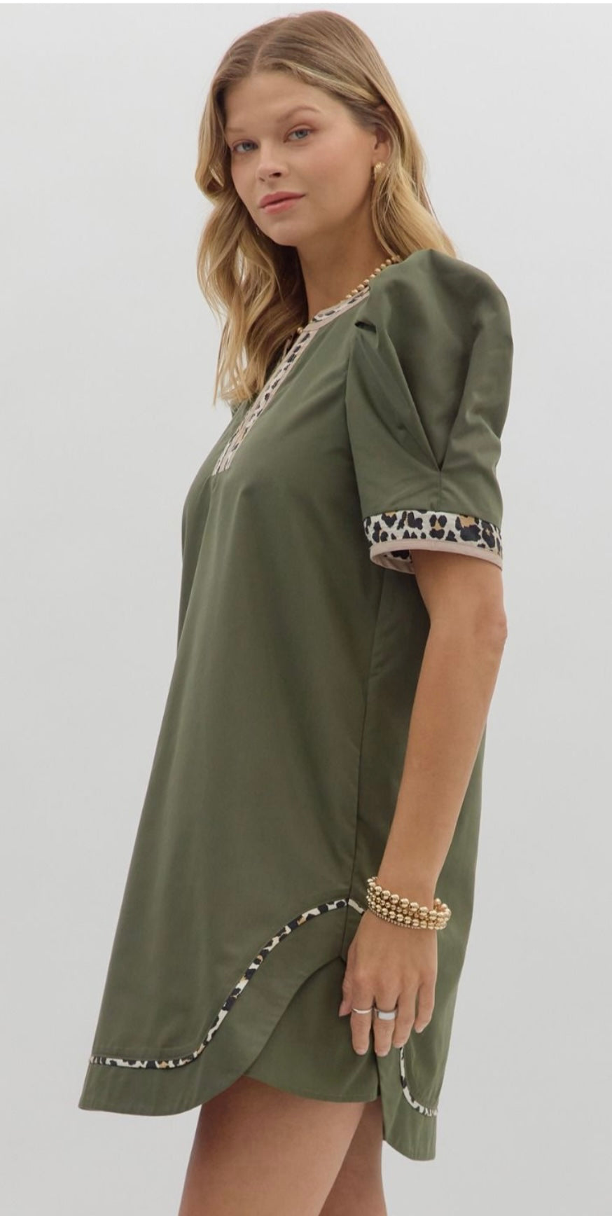 Olive Leopard Trim Dress by Entro