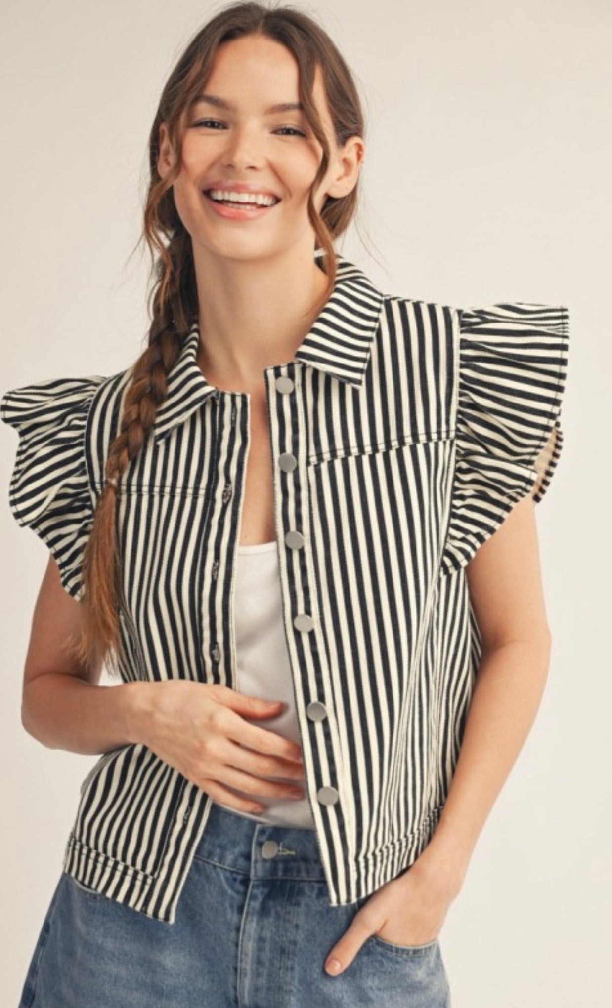 Denim Black and White Striped Vest