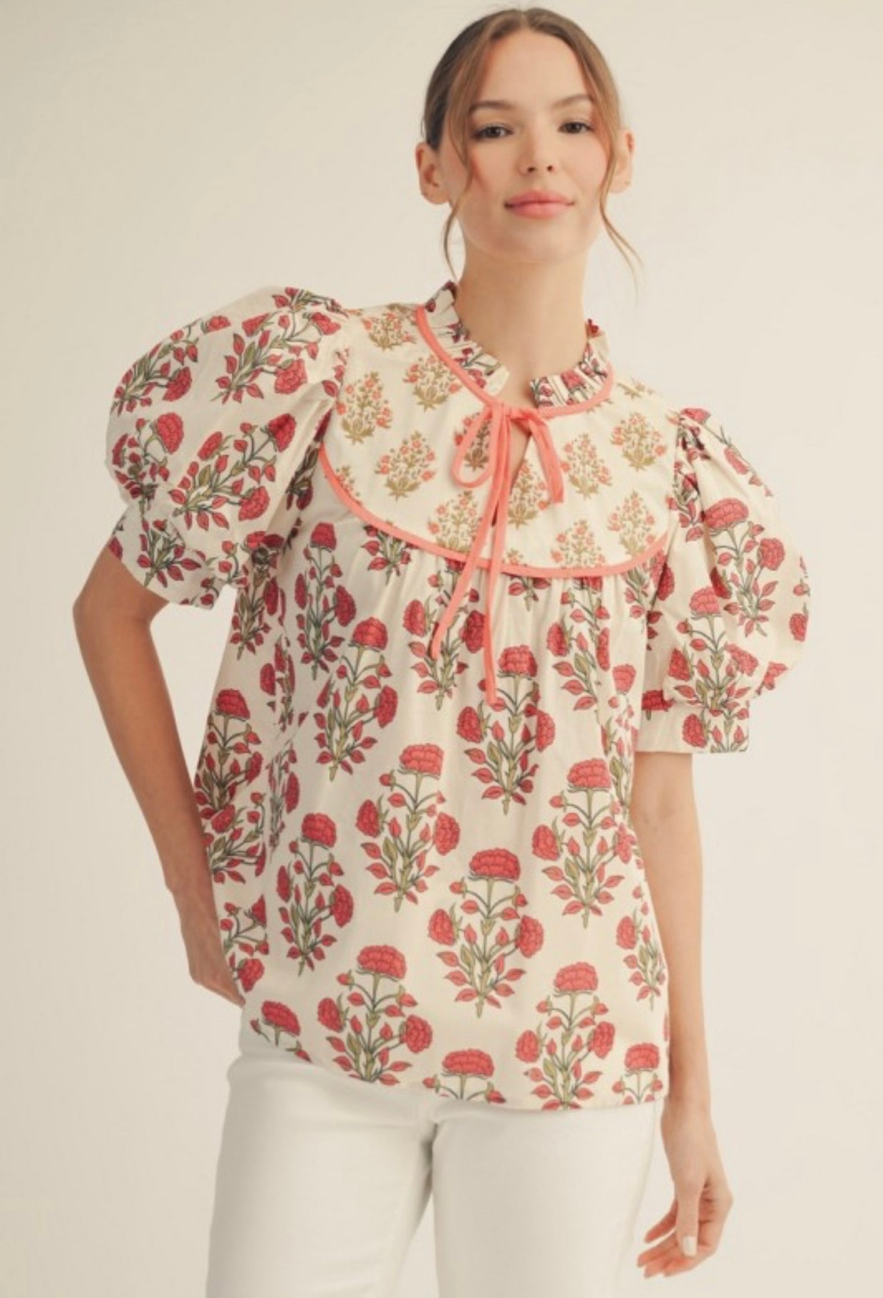 Floral Tie Neck Patchwork Blouse