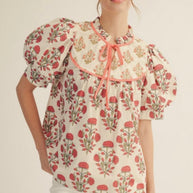 Floral Tie Neck Patchwork Blouse
