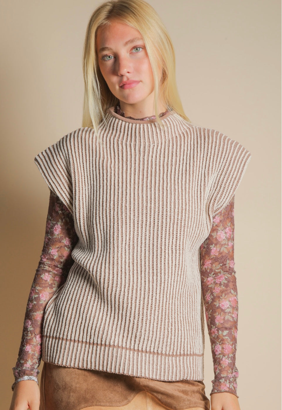 Two Toned Ribbed Knit Sweater Vest