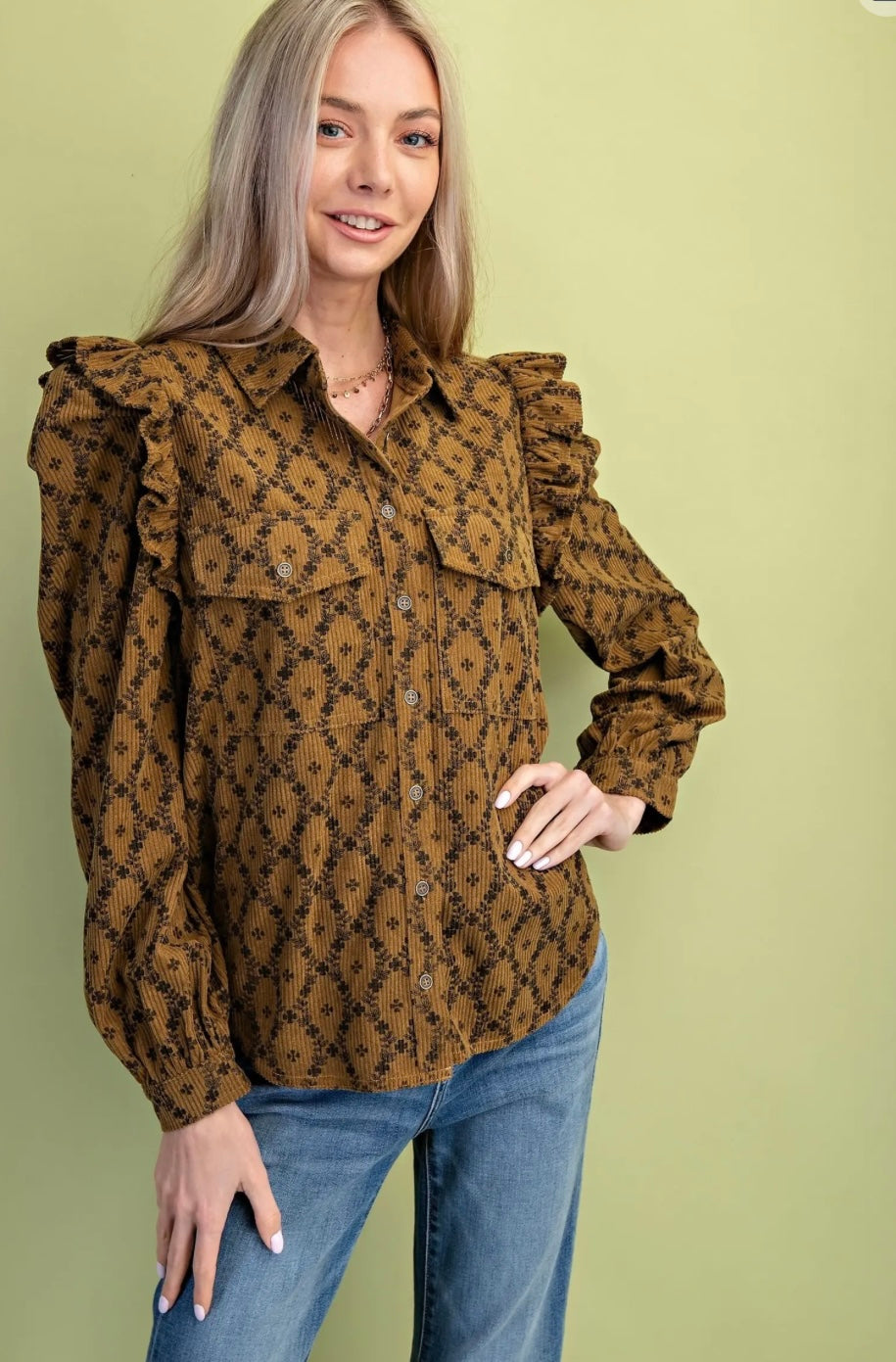 Autumn Ember Ruffle Corduroy Button Down