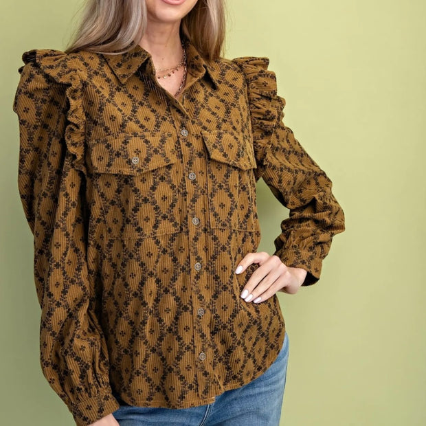 Autumn Ember Ruffle Corduroy Button Down