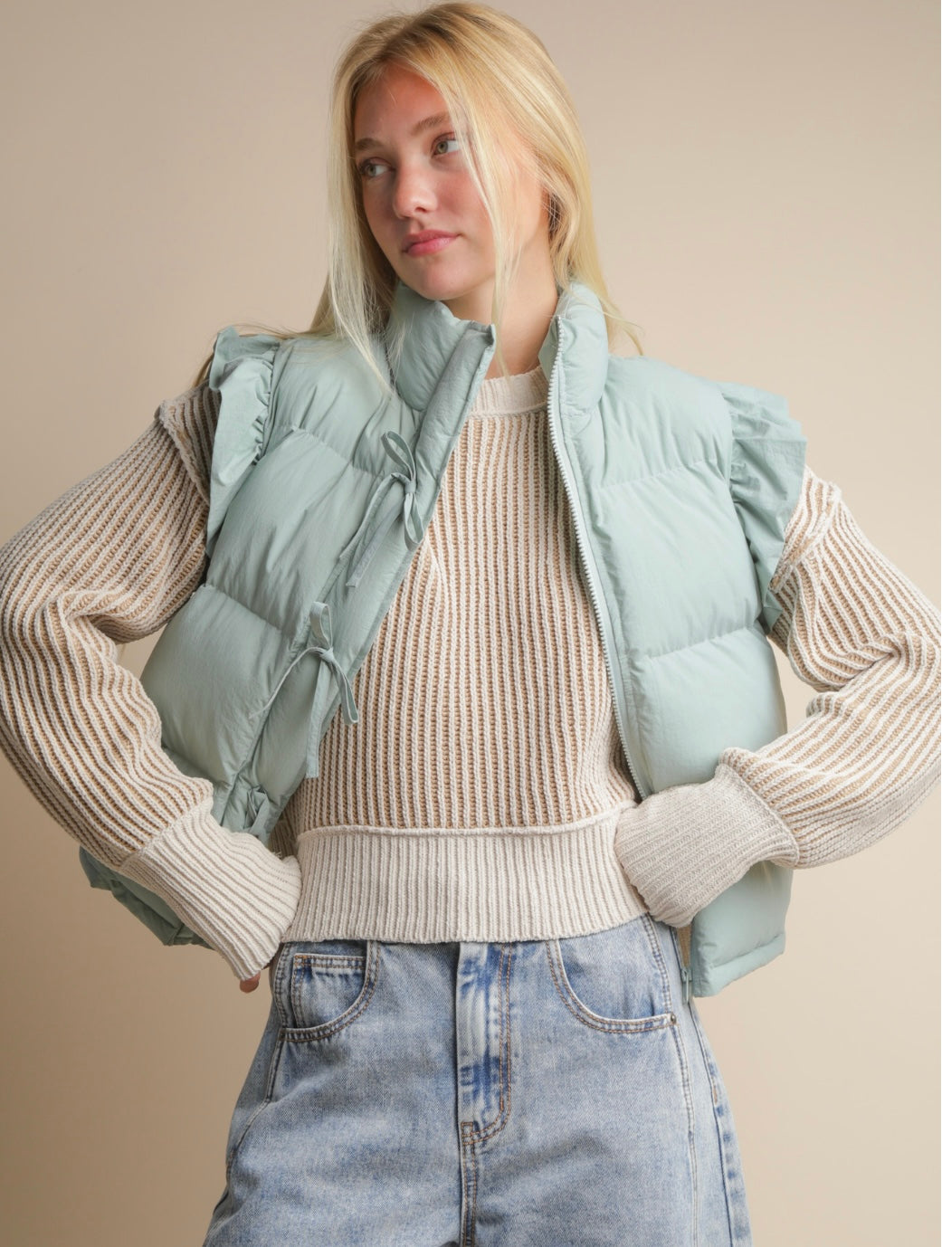 Sage Front Bow Ruffle Sleeve Puffer Vest
