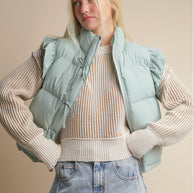 Sage Front Bow Ruffle Sleeve Puffer Vest