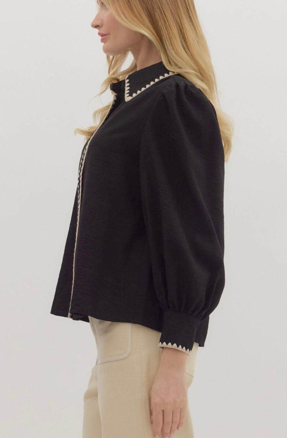 Black Puff Sleeve Blouse with Contrast Trim By Entro