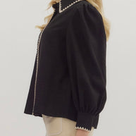 Black Puff Sleeve Blouse with Contrast Trim By Entro