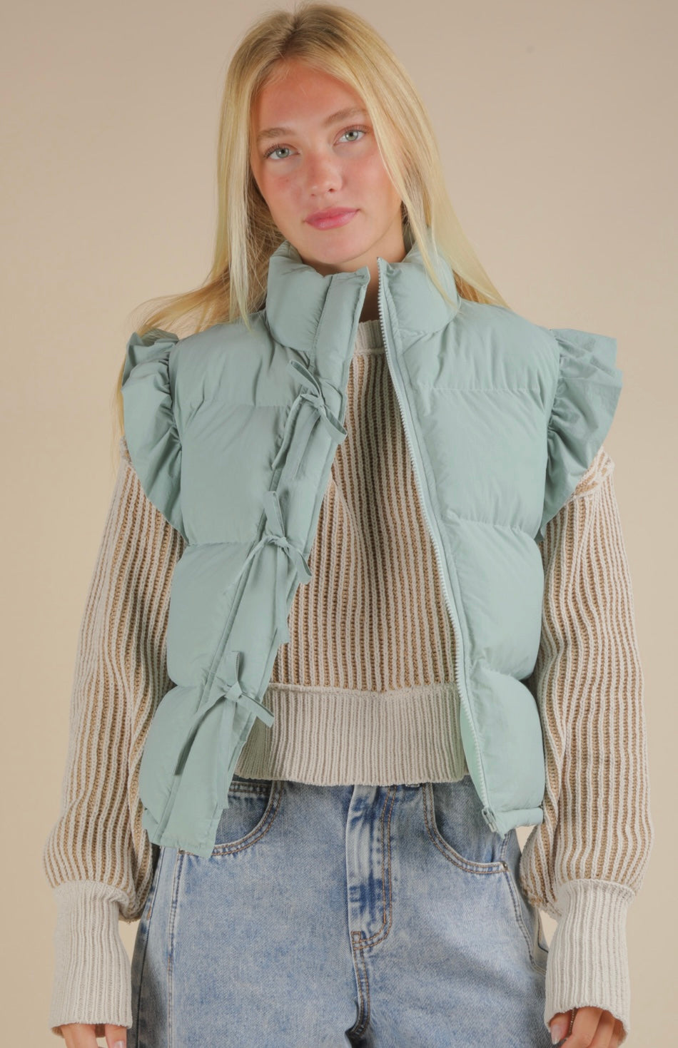 Sage Front Bow Ruffle Sleeve Puffer Vest