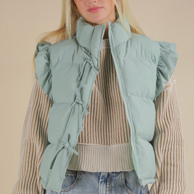 Sage Front Bow Ruffle Sleeve Puffer Vest