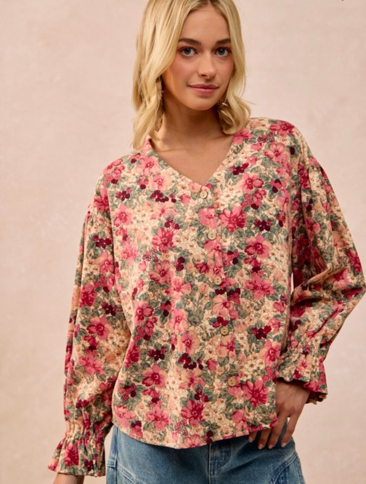 Floral Printed Corduroy V-neck Ruffle Cardigan Top by BiBi