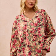 Floral Printed Corduroy V-neck Ruffle Cardigan Top by BiBi