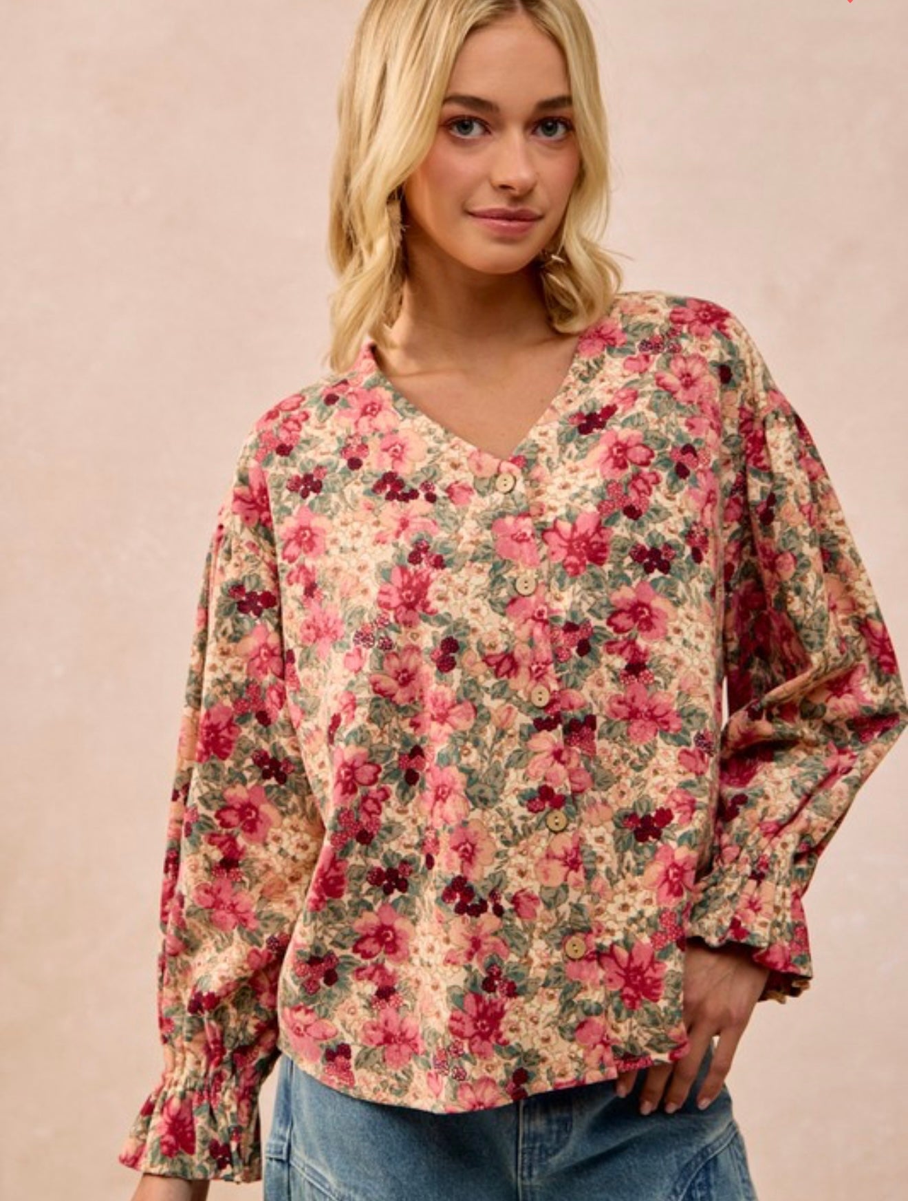 Floral Printed Corduroy V-neck Ruffle Cardigan Top by BiBi