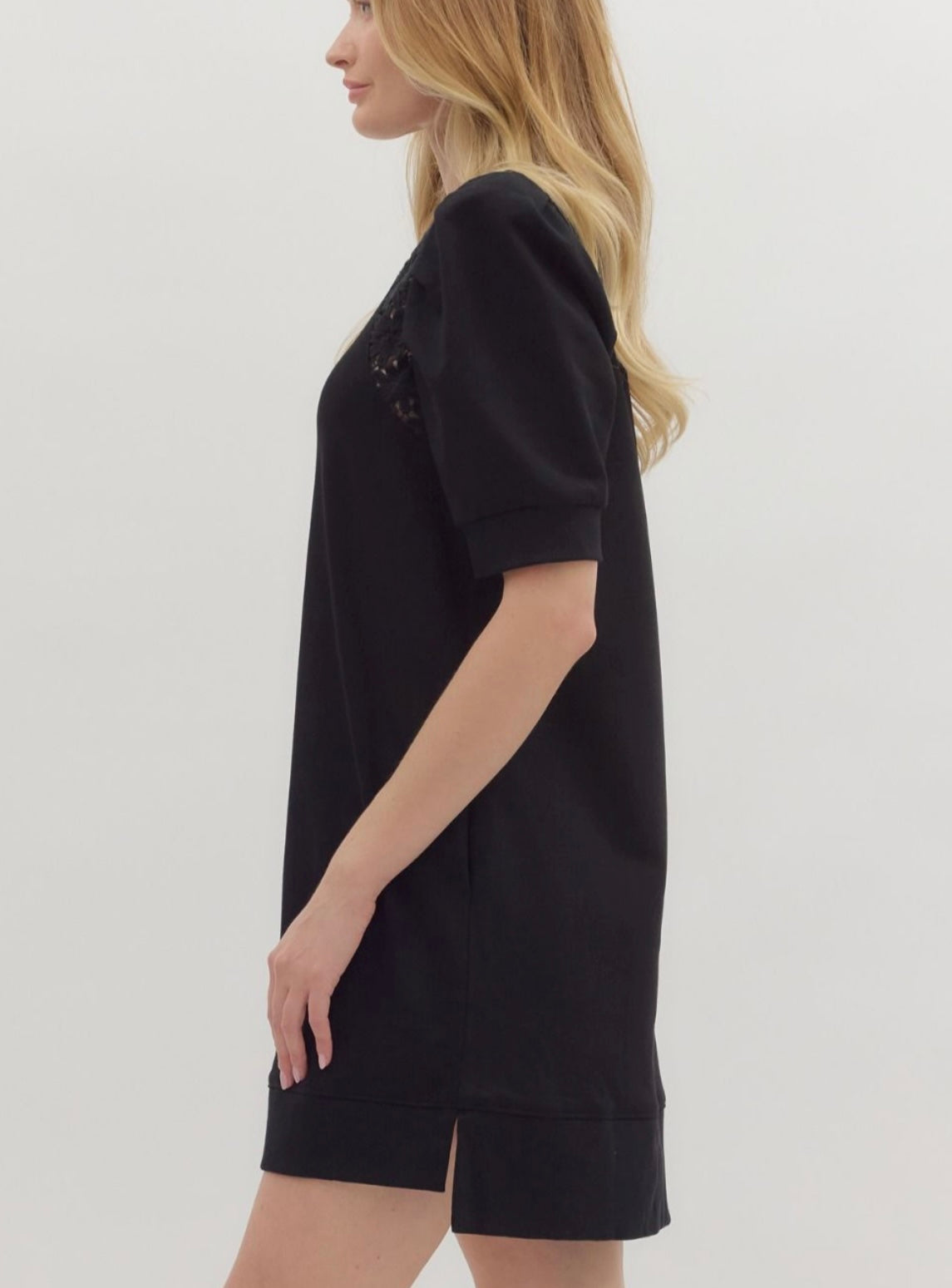 Entro Black Mini Dress with Accented Puff Sleeves