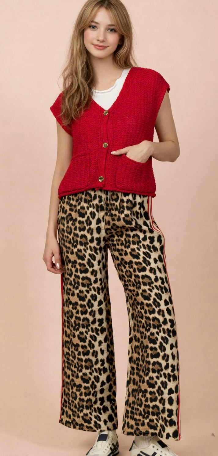 Leopard Side Striped Wide Leg Pants