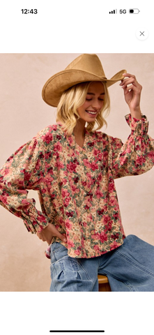 Floral Printed Corduroy V-neck Ruffle Cardigan Top by BiBi