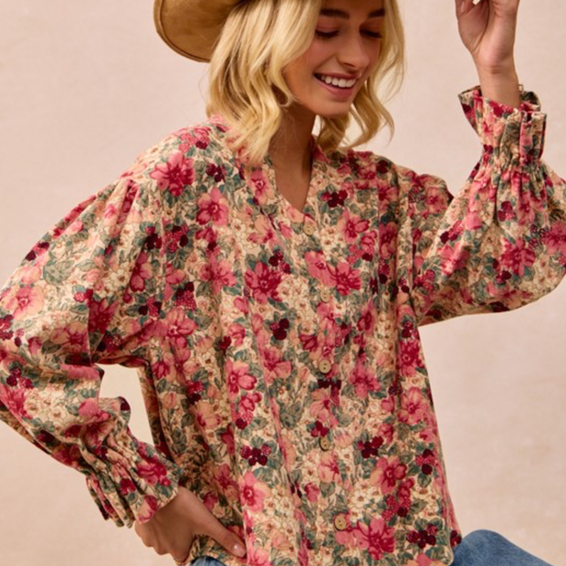 Floral Printed Corduroy V-neck Ruffle Cardigan Top by BiBi