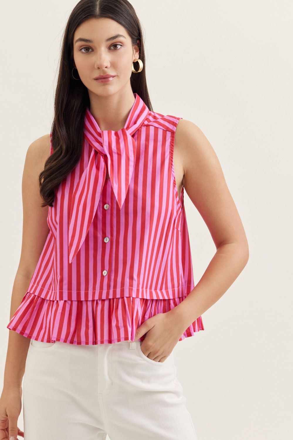 Pink Paradise Stripe Tie Neck Top