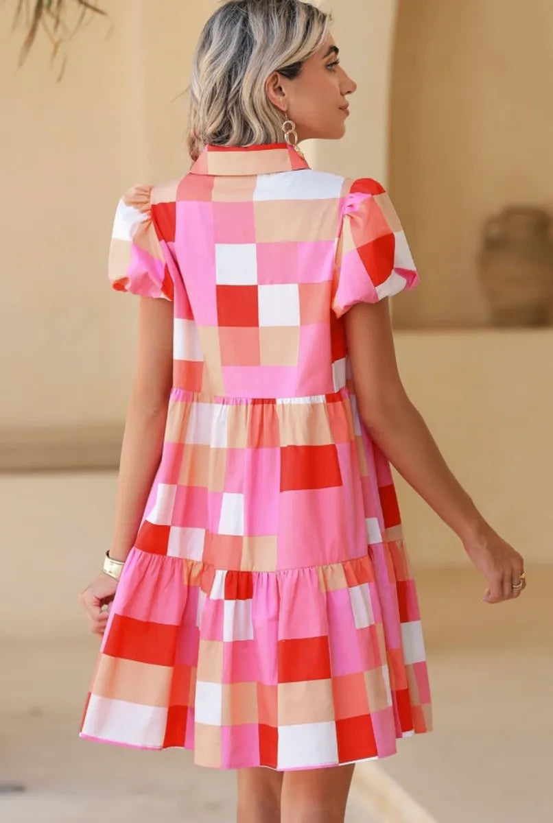 Pink Colorblock Plaid Puff Sleeve Dress