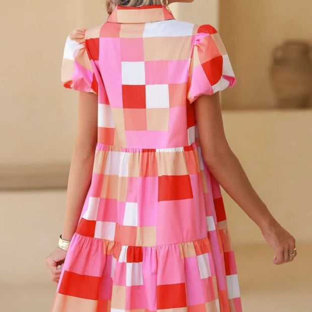 Pink Colorblock Plaid Puff Sleeve Dress